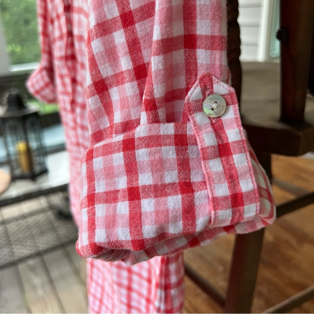Vineyard Vines Red Pink Gingham Linen Cotton Button Blend Down Shirt Top Size 0 - Picture 7 of 16